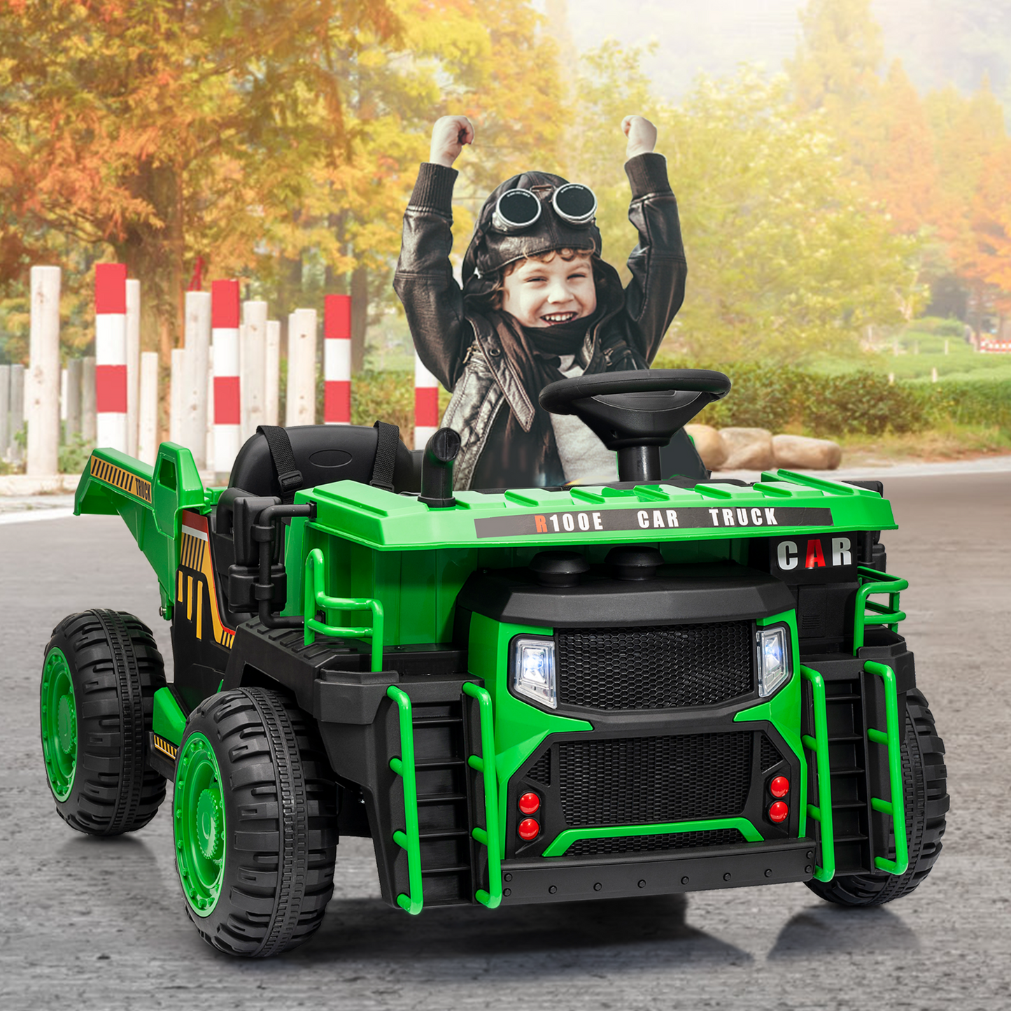 Garvee Ride - P Series: 24V Ride On Dump Truck, 2 Seater Electric Cars for Kids with Remote Control, Dump Bed, Shovel, Music, Led, Wheel Shock Absorption,Ride On Construction Vehicle Four- for Kids 3+,Green