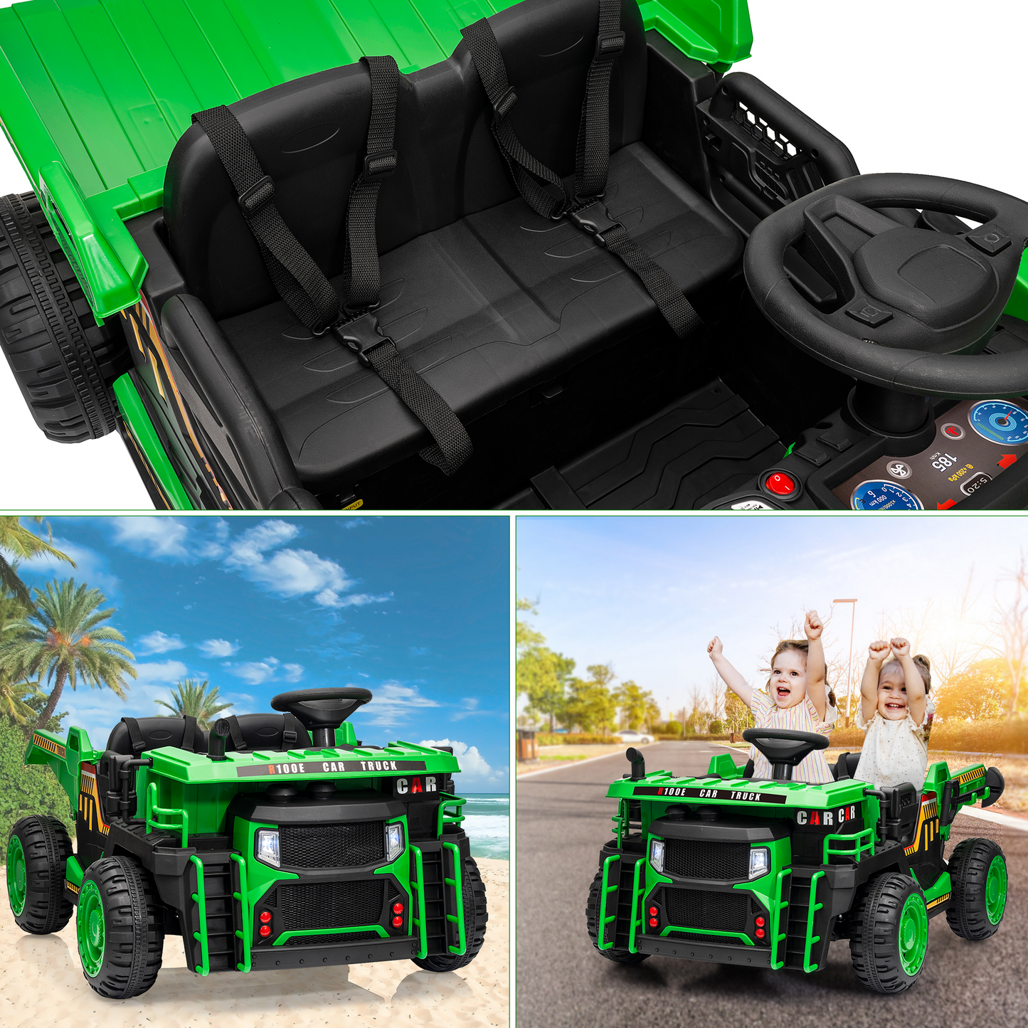 Garvee Ride - P Series: 24V Ride On Dump Truck, 2 Seater Electric Cars for Kids with Remote Control, Dump Bed, Shovel, Music, Led, Wheel Shock Absorption,Ride On Construction Vehicle Four- for Kids 3+,Green