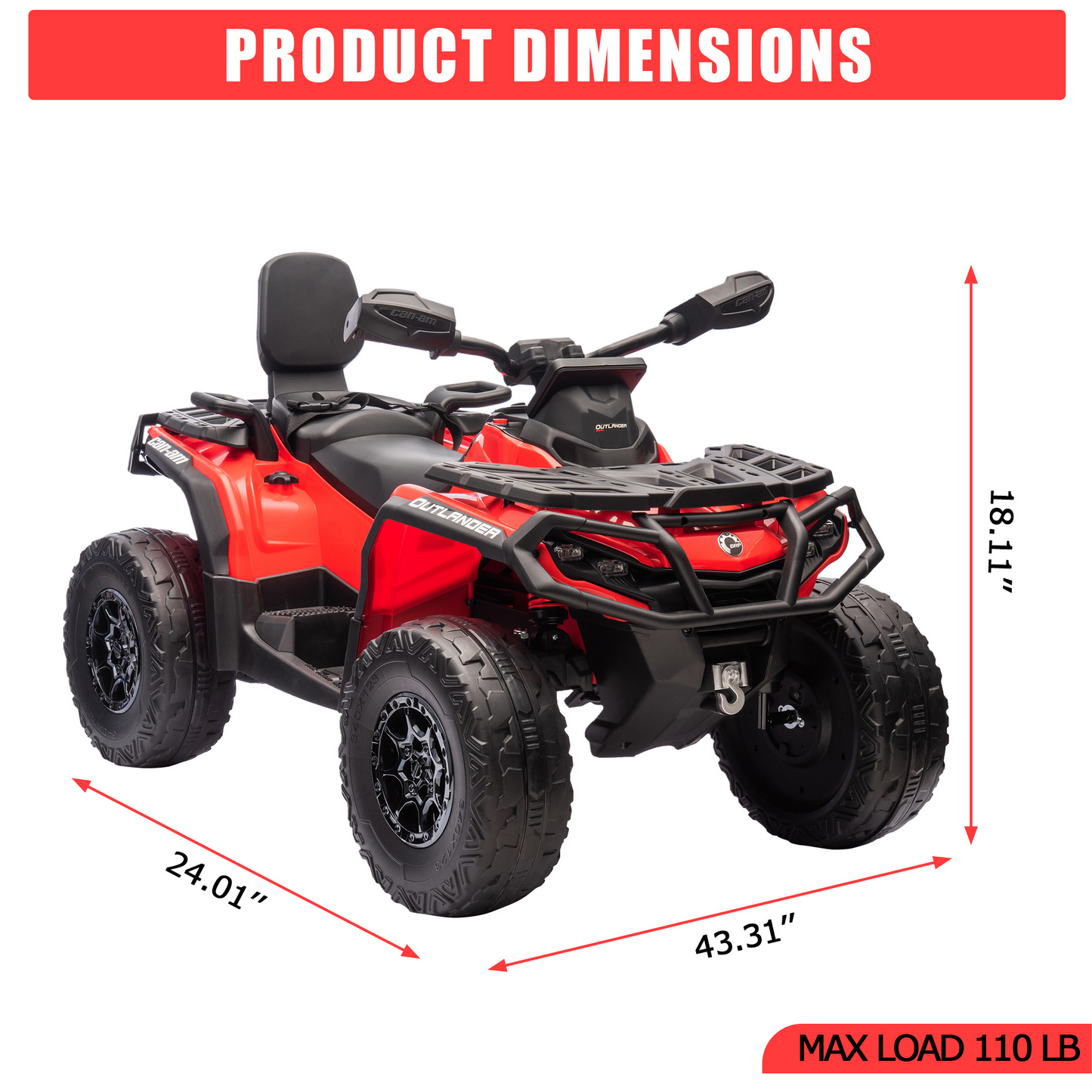 Garvee Ride - P Series: 2 Seater Ride On Car 24V 4WD Electric ATV, Leather Seats, Safety Belt, Bluetooth, Adjustable Speed, Yellow, Outdoor Adventure - Red