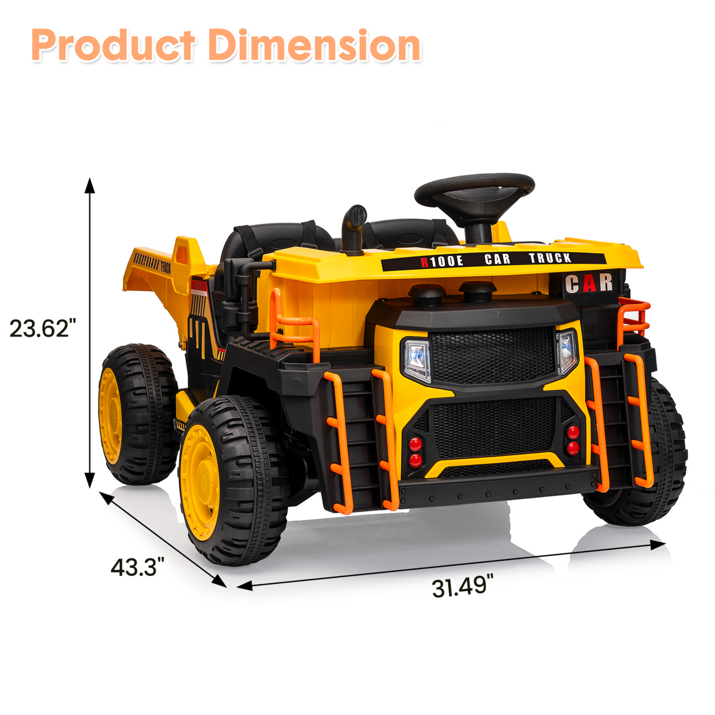 Garvee Ride - P Series: 24V Ride On Dump Truck, 2 Seater Electric Cars for Kids with Remote Control, Dump Bed, Shovel, Music, Led, Wheel Shock Absorption,Ride On Construction Vehicle Four- for Kids 3+,Yellow