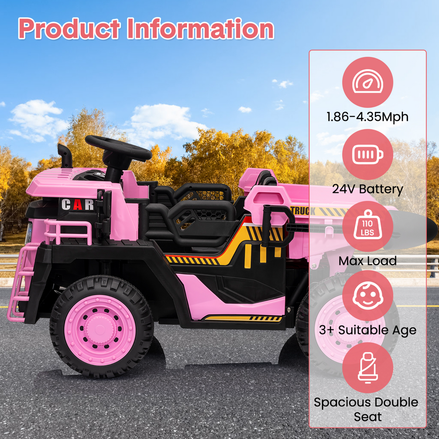 Garvee Ride - P Series: 24V Ride On Dump Truck, 2 Seater Electric Cars for Kids with Remote Control, Dump Bed, Shovel, Music, Led, Wheel Shock Absorption,Ride On Construction Vehicle Four- for Kids 3+,Pink